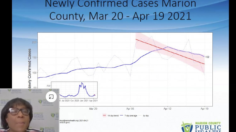 Marion County Public Health Department Director Dr. Virginia Caine shares data during a virtual press conference on Thursday, April 22. - Screenshot of Webex meeting