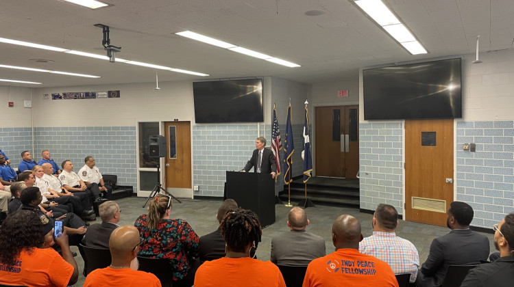 Mayor Joe Hogsett outlines the next phase in his violence reduction plan on May 25, 2023. - Katrina Pross, WFYI News