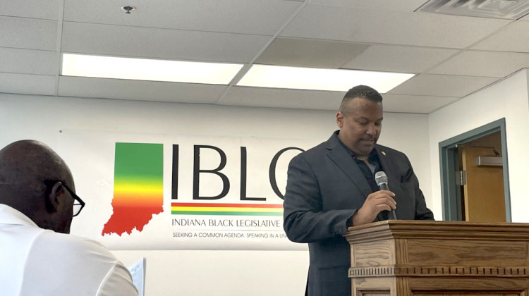 Rep. Earl Harris Jr. (D-East Chicago) speaks at the Indiana Black Legislative Caucus town hall meeting on June 3 in Indianapolis. - Katrina Pross/WFYI News