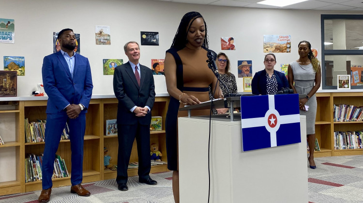 Circle City Readers program director Brooke Arnett-Holman speaks at Pleasant Run Elementary School in Warren Township on Wednesday, Aug. 23, 2023.  - Dylan Peers McCoy/WFYI