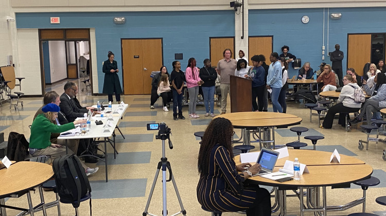 Members of Edison School of the Arts’ student body government speak in front of the school’s board and demand the removal of CEO Nathan Tuttle after he said a racial slur to a student. - Elizabeth Gabriel/WFYI News