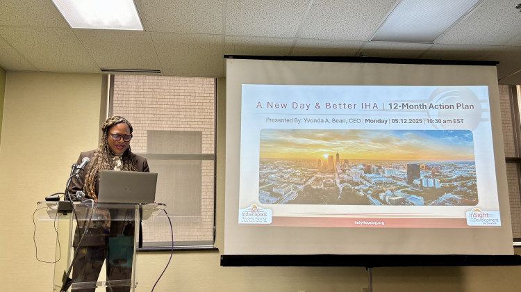 Yvonda Bean, CEO of the Indianapolis Housing Agency, presents a 12-month action plan May 12, 2025. The initiative aims to better internal operations, improve property upkeep and restore the struggling agency’s reputation. - Abriana Herron / WFYI