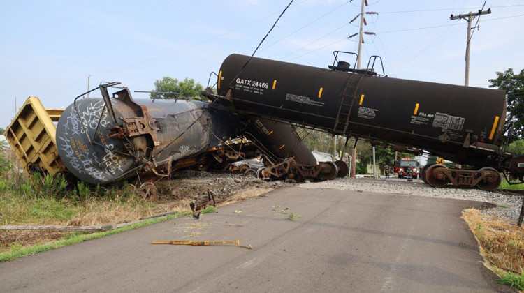 Thirteen cars of a CSX freight train derailed Thursday in Fountaintown. - Provided by the Indianapolis Fire Department
