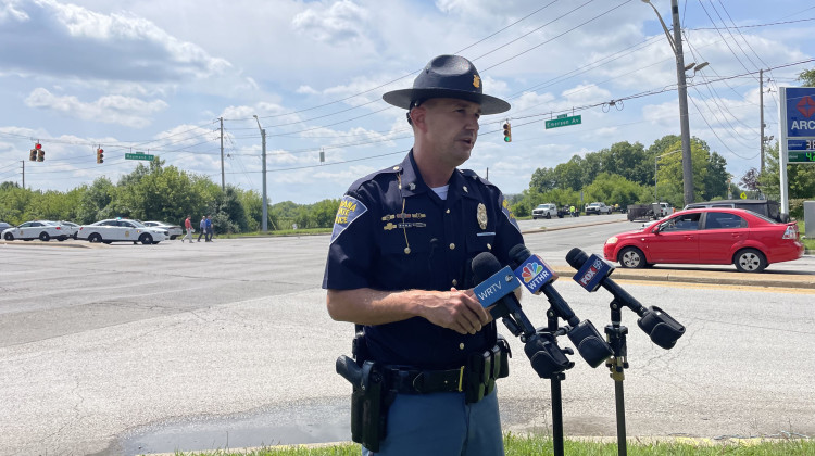 Indiana State Police Public Information Officer John Perrine speaks at a media briefing on Aug. 18, 2023 about an officer-involved shooting. - Katrina Pross/WFYI News