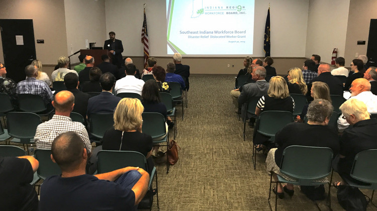 Kurt Kegerreis, the executive director of Region 9 Workforce Board, addresses an audience of state officials and lawmakers at Honda Manufacturing of Indiana on Aug. 30. - Justin Hicks/IPB News