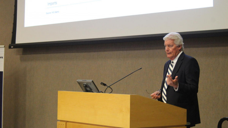 Indiana Manufacturers Association President and CEO Brian Burton presents at the regional summit held at Subaru in Lafayette. - Samantha Horton/IPB News