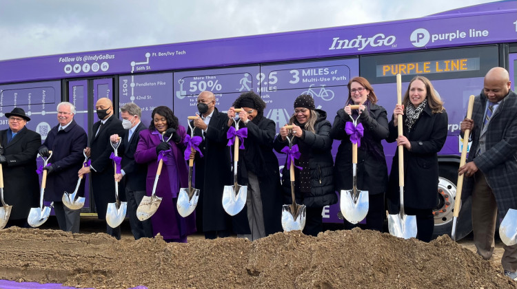 City and state leaders joined community members and others involved in the planning process Friday to break ground for IndyGo’s Purple Line. - Jill Sheridan/WFYI