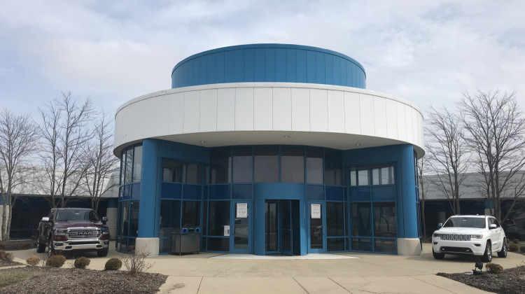 The administration offices at the Indiana Transmission Plant in Kokomo. Signs on the front door prohibit outside visitors and vendors from entering due to the coronavirus outbreak. - Justin Hicks/IPB News