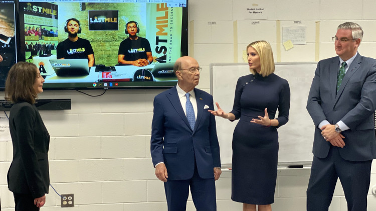 Adivisor to the President Ivanka Tump (second to the right) speaks with the Last Mile founder Beverly Parenti (far left). Trump is joined by Secretary of Commerce Wilbur Ross and Gov. Eric Holcomb (far right). - Darian Benson/WFYI