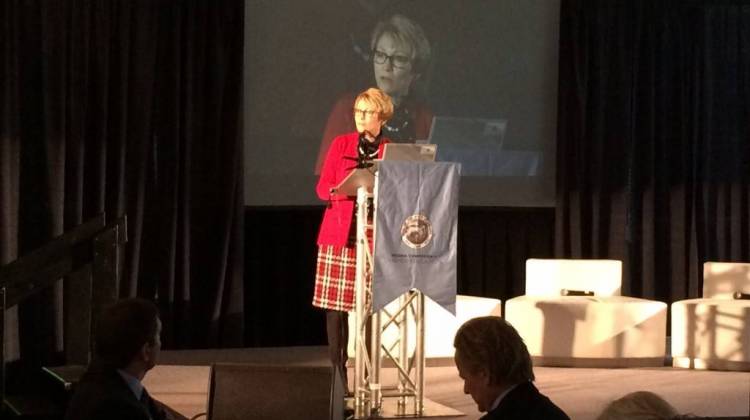Ivy Tech Community College President Sue Ellspermann speaks at the event announcing Indiana's new partnership with Credential Engine.  - Jeanie Lindsay/IPB News