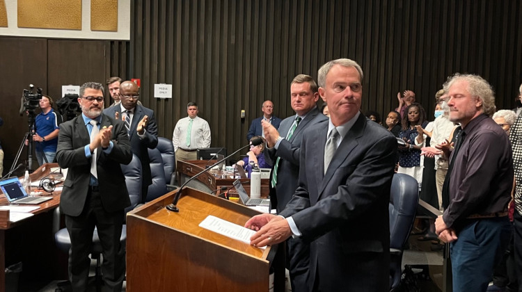 Indianapolis Mayor Joe Hogsett, at the podium, presented the 2023 budget proposal to the City-County Council on Monday, Aug. 8. - Jill Sheridan/WFYI