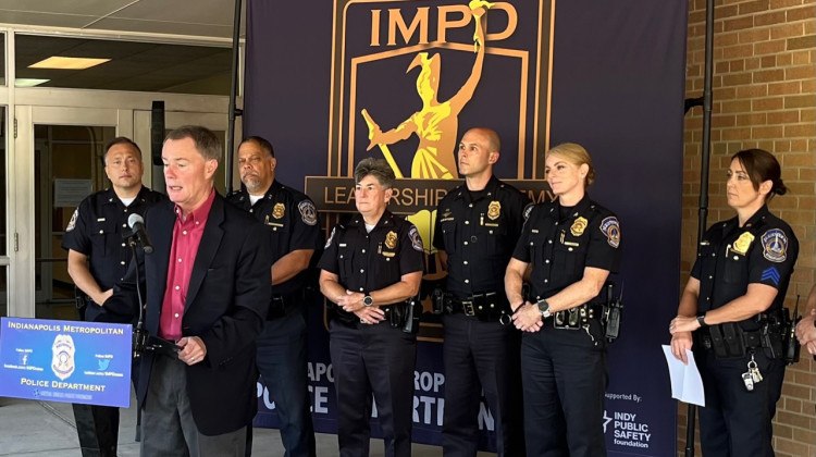 Indianapolis Mayor Joe Hogsett speaks during an event highlighting IMPD's recruiting efforts. - Jill Sheridan/WFYI