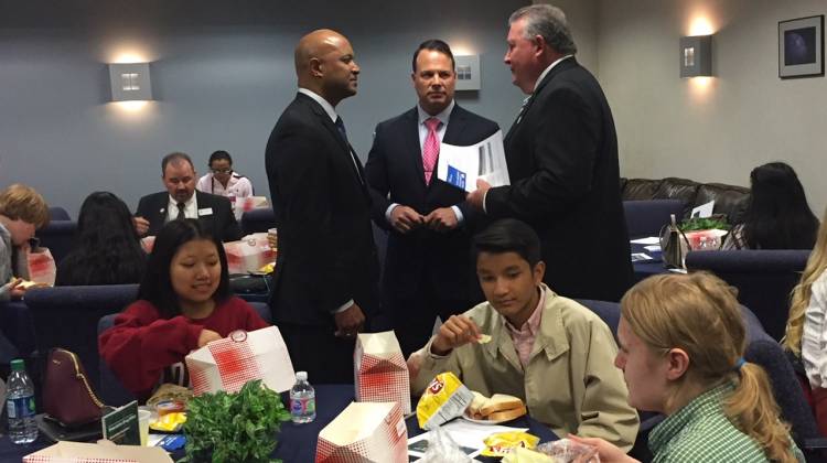 Attorney General Curtis Hill talks with Perry Meridian School Leaders and students attending an event at the school.  - Jill Sheridan/IPB News