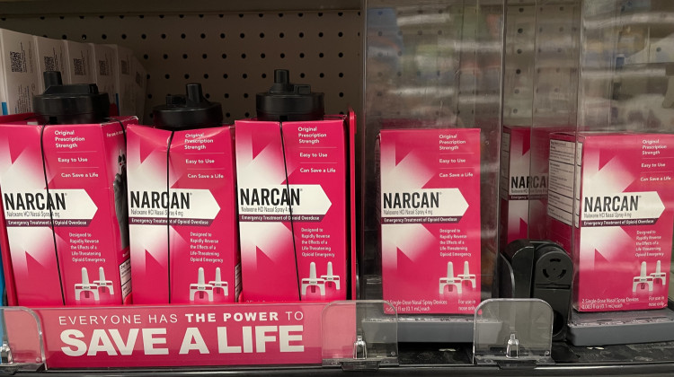 Boxes of Narcan, shown here, were stocked on a shelf at a Target in Southern Indiana in October. The products cost $45 and had anti-theft devices on them. Narcan can reverse an opioid overdose, and the medication recently became available for sale without a prescription. - Morgan Watkins / Side Effects Public Media