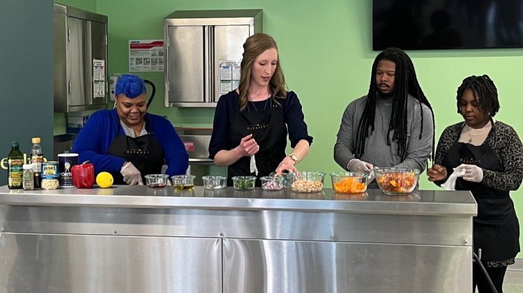 A food demonstration at Gleaners highlighted the Good Food for All program. (Jill Sheridan/WFYI)