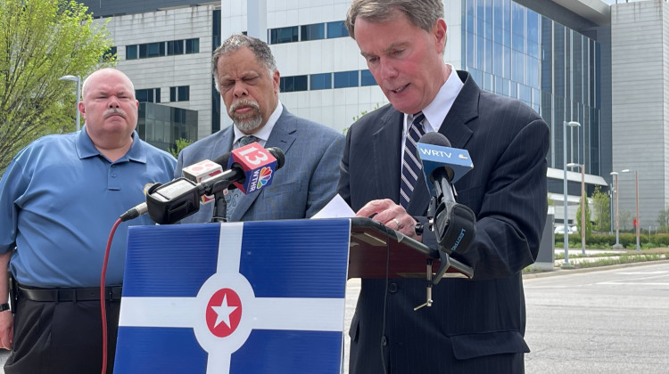 Indianapolis Mayor Joe Hogsett and IMPD Chief Randal Taylor spoke to media Thursday afternoon.  - Sydney Dauphinais/WFYI News