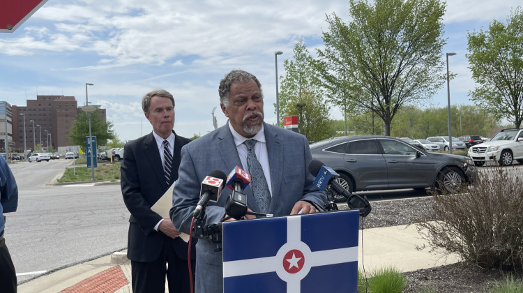 IMPD Chief Taylor and Indianapolis Mayor Joe Hogsett talk to media in April following a shooting. - Sydney Dauphinais/WFYI News