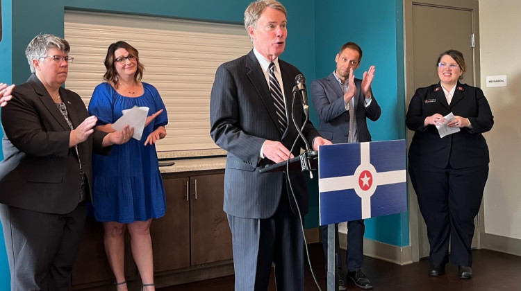 Indianapolis Mayor Joe Hogsett makes the HUD funding announcement. (Jill Sheridan/WFYI)