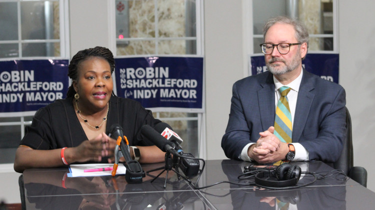 State Rep. Robin Shackleford and Clif Marsiglio discuss Marsiglio’s decision to step out of the Indianapolis mayoral race and endorse Shackleford. - Ben Thorp/WFYI