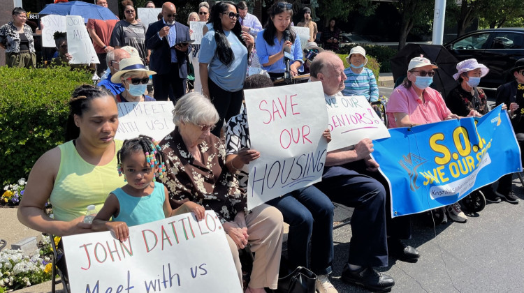 Residents, community members and leaders speak out against planned eviction of senior residents. (Jill Sheridan?WFYI)