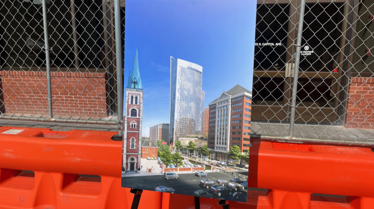 A rendering of hotel is presented at the construction site. (Jill Sheridan/WFYI)