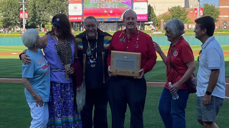 A land acknowledgment plaque is presented at Victory Field. - (Jill Sheridan/WFYI)
