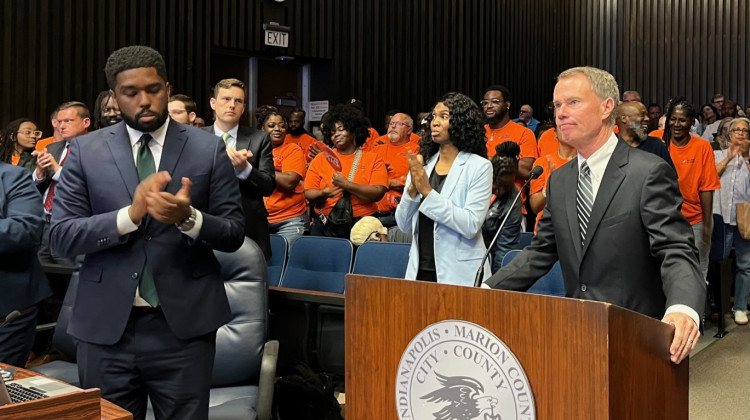 Indianapolis Mayor Joe Hogsett presents the 2024 budget.  - (Jill Sheridan/WFYI)