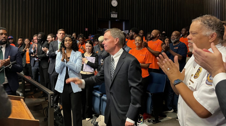 Mayor Joe Hogsett presents the 2024 budget that includes funding for a new diversity office. (Jill Sheridan/WFYI)