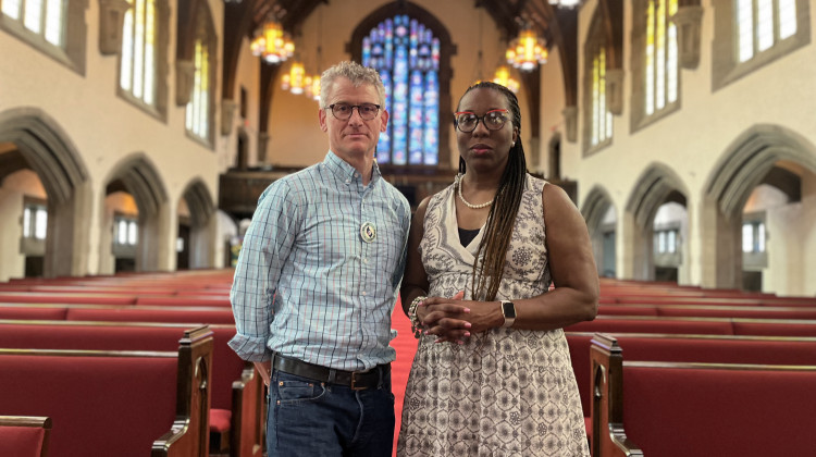 Rev. Shonda Nicole Gladden of Broadway Church (right) and religious studies professor David Craig have been working together to organize Medicaid-centered events in four different Black churches in Indianapolis. The idea is to reach people where they are with information and resources to preserve their Medicaid coverage if they are eligible, or help residents find other low cost health insurance options if they lose Medicaid coverage. - Farah Yousry / Side Effects Public Media