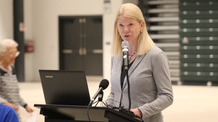 State Rep. Sharon Negele (R- Attica) speaks during a forum about water use in Tippecanoe County hosted by the League of Women Voters of Greater Lafayette on Monday, June 26, 2023 at the Tippecanoe County Fairgrounds.) - Ben Thorp / WFYI