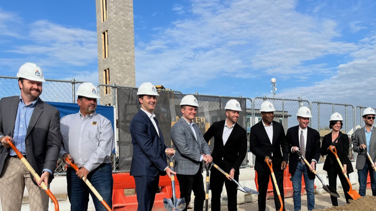 City leaders break ground on the Stella development along North Meridian Street on Wednesday, Oct. 11, 2023. - Jill Sheridan/WFYI