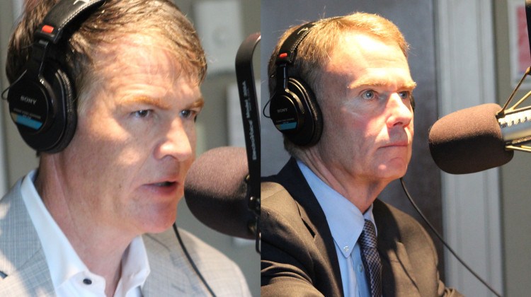 Indianpolis mayoral candidates Republican Jefferson Shreve (left) and incumbent Democrat Joe Hogsett at WFYI. - Ben Thorp/WFYI News