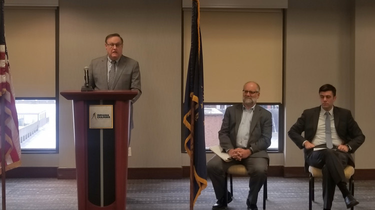 Indiana Chamber President and CEO Kevin Brinegar discusses the annual employer survey with Senior Vice President Tom Schuman and Vice President for Education and Workforce Development Jason Bearce.  - Samantha Horton/IPB News