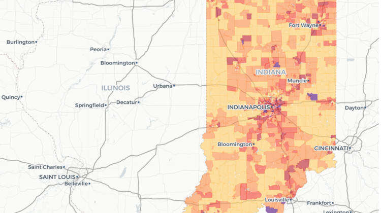 Map of Indiana with color-coded regions based on eviction rates.  - (Courtesy of the Eviction Research Network)