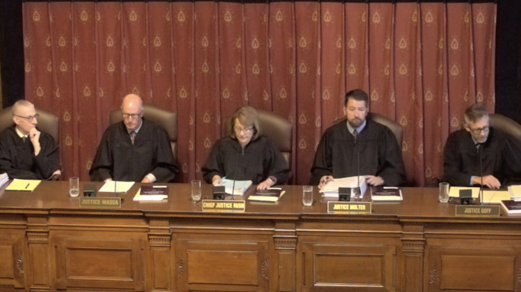 The Indiana Supreme Court is weighing a question posed to them by the federal 7th Circuit Court of Appeals about Indiana campaign finance law.  - Screenshot of an Indiana Supreme Court livestream