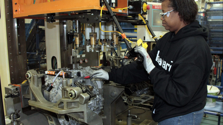 An employee at Stellantis' Indiana Transmission Plant in Kokomo works to produce a nine-speed transmission. - Jerry Mendoza/Courtesy of Stellantis