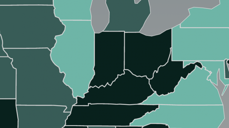 A closeup of a map from the report. The darker the state is shown on the map, the less prepared it is for the health effects of climate change. - Courtesy of Trust for America’s Health and the Johns Hopkins Bloomberg School of Public Health