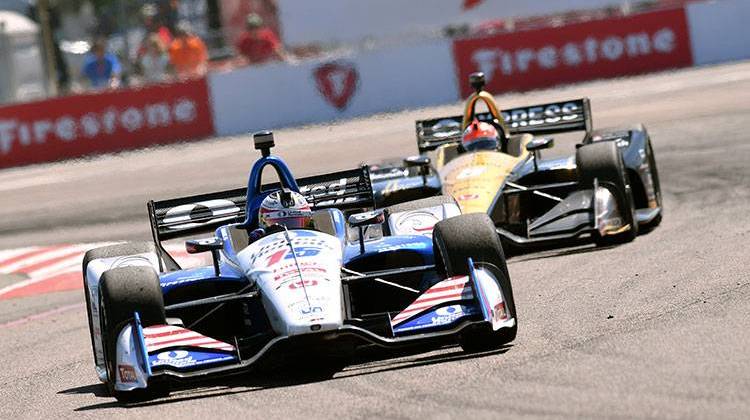 Graham Rahal (15) races into turn two before finishing second in the IndyCar Firestone Grand Prix of St. Petersburg Sunday, March 11, 2018, in St. Petersburg, Fla. - AP Photo/Jason Behnken