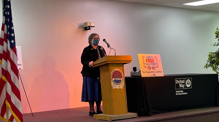 Kate McKnight gives remarks at the launch of Indy Free Tax Prep on January 24, 2022. - Sydney Dauphinais/WFYI