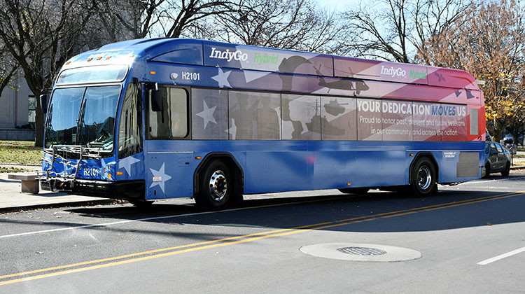IndyGo unveiled a new bus honoring veterans Thursday near the American Legion Mall and the Indiana War Memorial. - Image courtesy of IndyGo