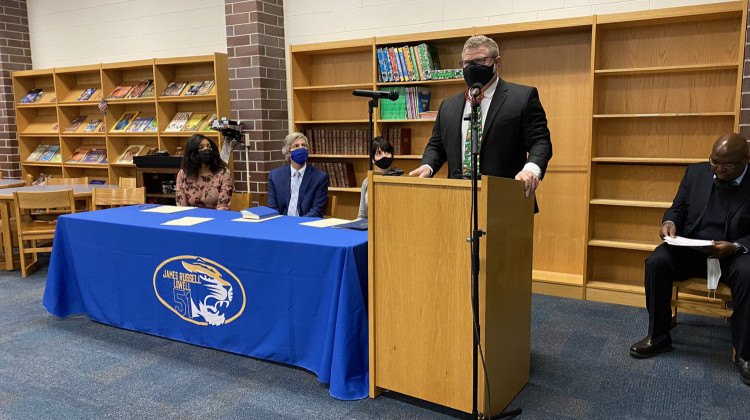 William Lumbley, principal of John Russell School 51, discuss how a $30 million award form the U.S. Department of Education's Promise Neighborhood Grant program will improve the educational and developmental outcomes for children in two Indianapolis neighborhoods on Tuesday, Dec. 14, 2021 at the school. - (Elizabeth Gabriel/WFYI)