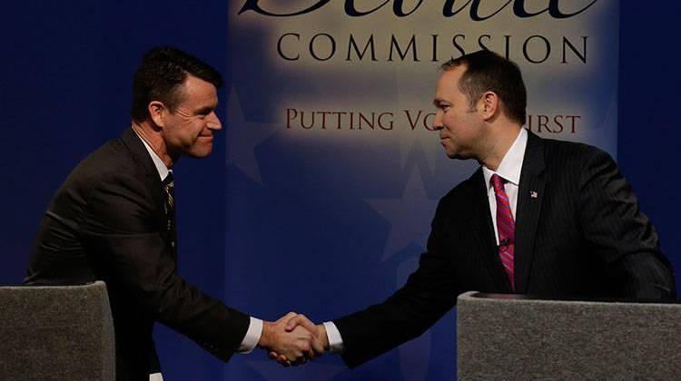 Todd Young, left, and Marlin Stutzman, right, met for a live televised debate Monday in the WFYI studios.  - AP photo