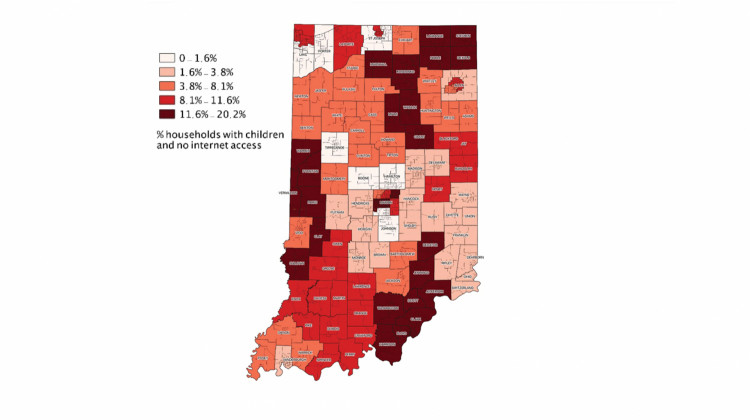 Distribution of households by r Public Use Microdata Area with school-age children and without internet access in 2018. - Ball State University's Center for Business and Economic Research / Public Use Microdata Area