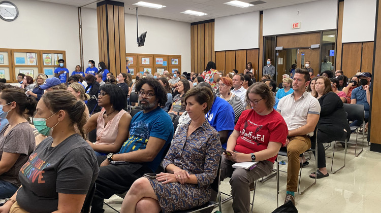 More than 130 people attended a meeting of the Indianapolis Public Schools Board of Commissioners at the district's main office Thursday, Aug. 25, 2022. - Elizabeth Gabriel/WFYI