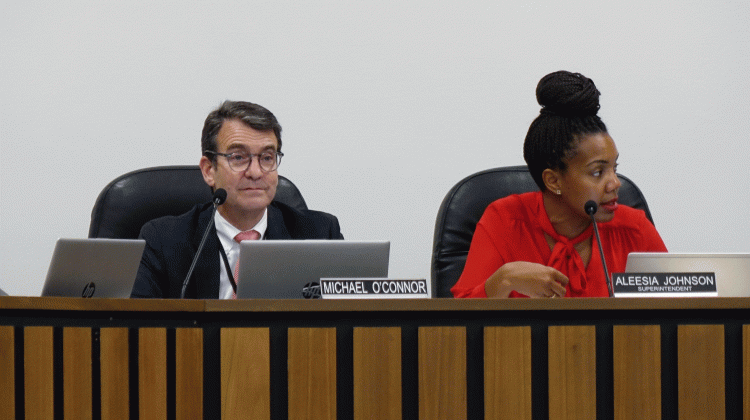 IPS Board President Michael O'Connor and Superintendent Aleesia Johnson during a meeting on Feb. 27, 20020.  - Eric Weddle/WFYI News