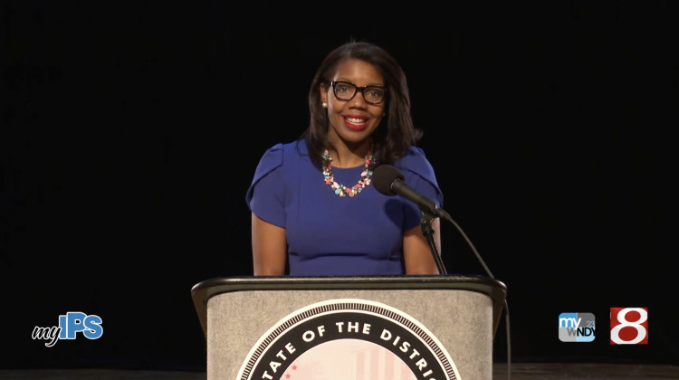 IPS Superintendent Aleesia Johnson speaks at at Crispus Attucks High School for a live stream of the state of the district address broadcast Wednesday, Oct. 28, 2020. - Source: YouTube