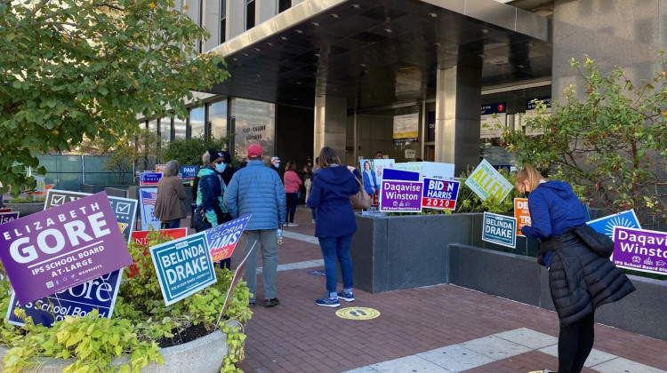 Early voters wait in line outside the Indianapolis City-County Building during the 2020 election. In this year’s election, Hope Hampton and Kristen Phair are running to represent District 3 on the Indianapolis Public Schools board of commissioners.   - Dylan Peers McCoy / Chalkbeat