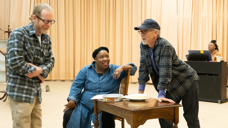 Nathan Garrison (stage manager), Maiesha McQueen (Fannie Lou Hamer), Henry D. Godinez (director), and Morgan E. Stevenson (musical director) in rehearsal for the IRT's 2024 production of “Fannie: The Music and Life of Fannie Lou Hamer.” - Photo/Noelani Langille