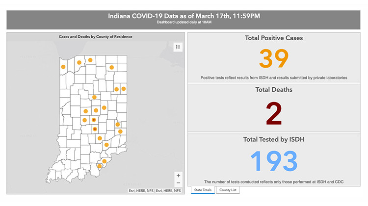 The Indiana State Department of Health COVID-19 dashboard on Wednesday, March 18. - Indiana State Department of Health