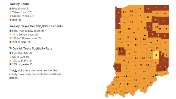 A screenshot of the Indiana State Department of Health's COVID-19 dashboard on Nov. 25 shows all but one county in the state listed in the moderate and highest-risk categories of coronavirus spread. - Indiana State Department of Health